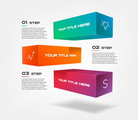 3d blocks infographics step by step with icons. Element of chart, graph, diagram with 3 options - parts, processes, timeline. Vector business template for presentation, workflow layout, web design