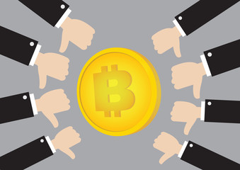 Bitcoin illustration with thumb down hand.