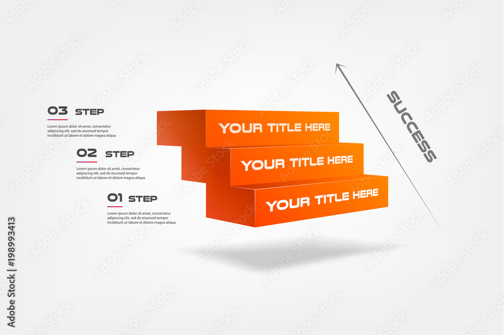 Poster 3d blocks, stairs of success, infographics step by step. Element of chart, graph, diagram with 3 options - parts, processes, timeline. Vector business template for presentation, workflow, web design