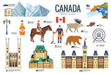 Country Canada travel vacation guide of goods, places and features. Set of architecture, fashion, people, items, nature background concept. Infographic template design for web and mobile on flat style