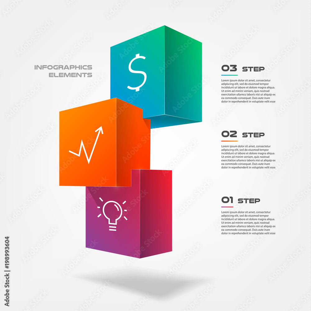 Leinwandbilder 3d blocks infographics step by step. element of chart, graph, diagram with 3 options - parts, proces