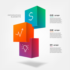 3d blocks infographics step by step. Element of chart, graph, diagram with 3 options - parts, processes, timeline. Vector business template for presentation, workflow layout, annual report, web design