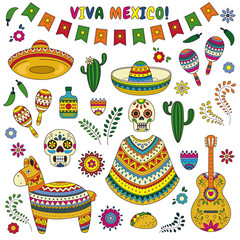Cinco de Mayo celebration in Mexico. Cartoon doodle collection objects for Cinco de Mayo parade with pinata, maracas, sambrero, tequila, tacos, cactus, skull, flag