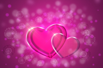 two pink glass hearts, against the background of circles and spots