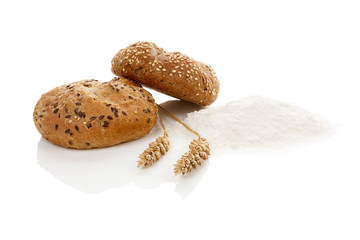 Wheat bun and flour isolated.