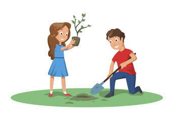 Happy children working in the garden or in the park. Boy and girl plant a tree. Cartoon vector illustration, isolated on white background.