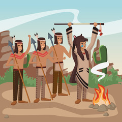 American indian warriors at village cartoon vector illustration graphic design