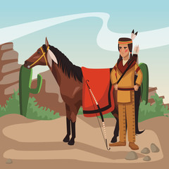 American indian warrior on horse at village cartoon vector illustration graphic design