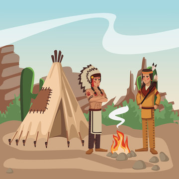 American Indian Warriors At Village Cartoon Vector Illustration Graphic Design Vector Illustration Graphic Design