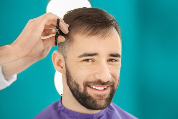 Professional hairdresser working with client in salon