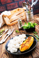 boiled rice with fried chicken breast