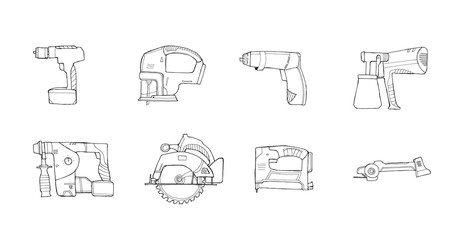 Hand drawn sketch illustration set of power tools with electric screwdriver, jig saw, screwdriver, punch, circular saw, stapler, grinder, spray gun isolated on white