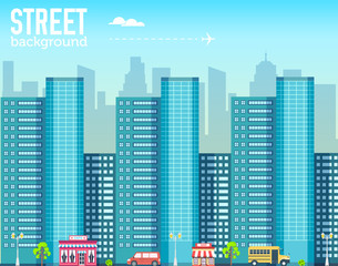 skyscraper building in city space with road on flat style background concept. Vector illustration design