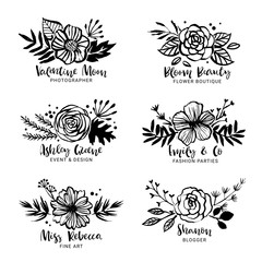 Flower logo template. Floral botanical collection. Flowers, branches, and leaves. Hand drawn design elements. Nature vector illustration.