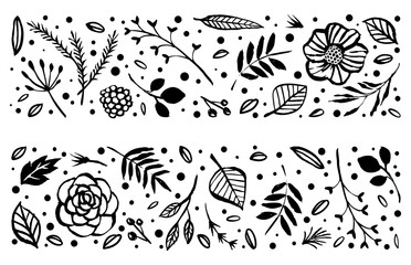 Flower frame template. Floral botanical collection. Flowers, branches, and leaves in nature pattern. Hand drawn design elements. Vector illustration.