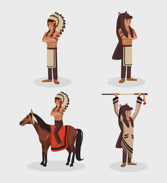 American indian warriors on horses at village cartoon vector illustration graphic design