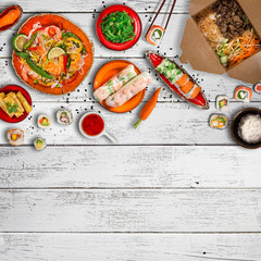 Various of asian meals on rustic background , top view , place for text.