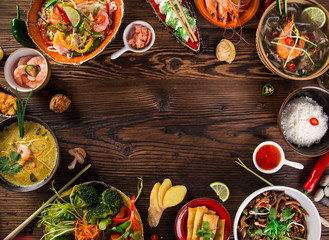 Various of asian meals on rustic background , top view , place for text.