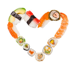 Traditional japanese sushi pieces making inscription and heart symbol.