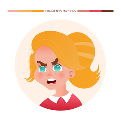 Character emotions avatar angry girl with red hair