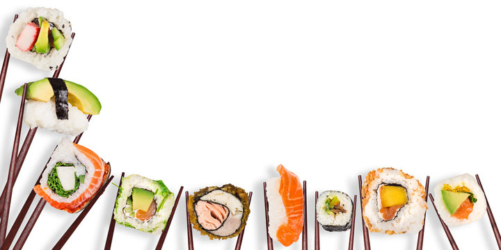 Traditional japanese sushi pieces on rustic concrete background.
