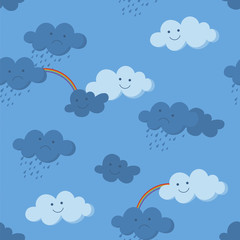 Cute smiling and crying clouds and rainbow in the sky seamless pattern
