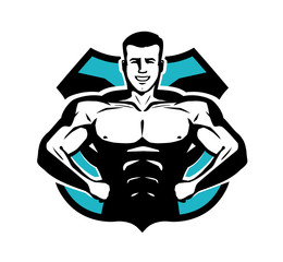 Gym, bodybuilding, sport logo or label. Happy bodybuilder with muscular body. Vector illustration
