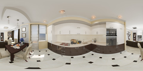 3d illustration spherical 360 degrees, seamless panorama of kitchen and living room interior design. Modern studio apartment in a modern classic style