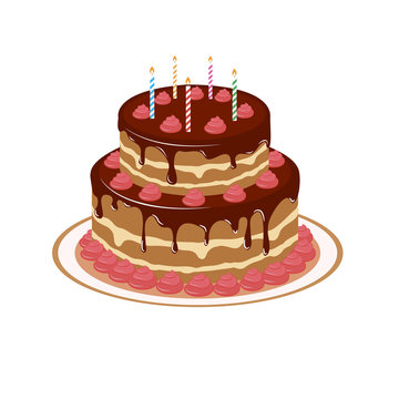 Chocolate cake with cream and candles. Vector illustratio