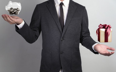 Young man giving empty hand on white background.Hands open businessman. some object are here.right or wrong option for select