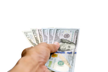 Dollars 100,50, and 20 Dollars in the hands of men isolated on white background, with clipping path.