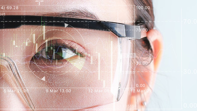 Biometric of a scientist with futuristic graphics. Business vision graphic scanned.