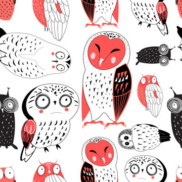 Vector seamless graphic pattern of funny owls