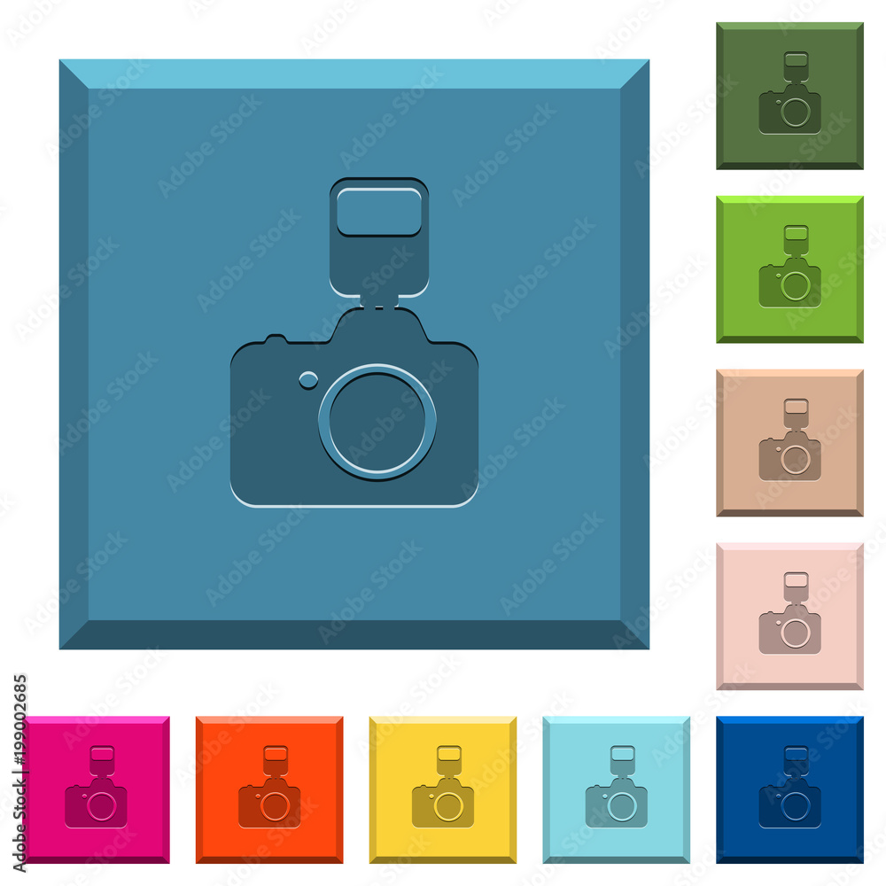 Poster camera with flash engraved icons on edged square buttons