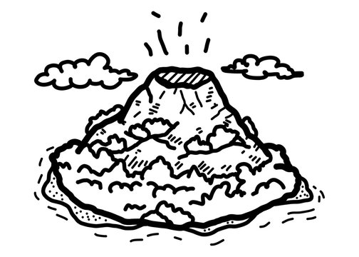 volcano on island / cartoon vector and illustration, black and white, hand drawn, sketch style, isolated on white background.