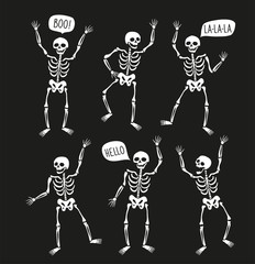 Fototapeta premium Funny skeletons in different poses with speech bubbles. Vector elements for halloween design.