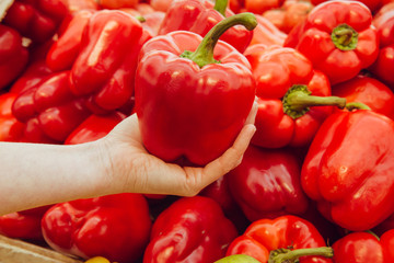 woman's hand holding red pepper. the girl's hand on the market holds red pepper