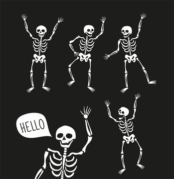Funny skeletons in different poses with speech bubbles. Vector elements for halloween design.