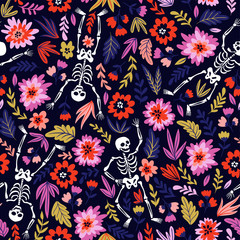 Dancing skeletons in the floral garden. Vector holiday illustration for Day of the dead or Halloween. Funny fabric design.