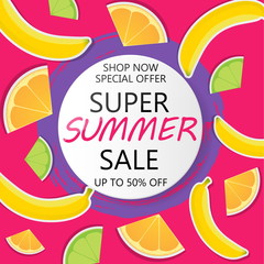 Super Summer Sale Banner in paper cut style. Circle frame for text.