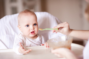 Mother feeding baby with mashed apple close up. Healthy nutrition. Childhood. Motherhood.