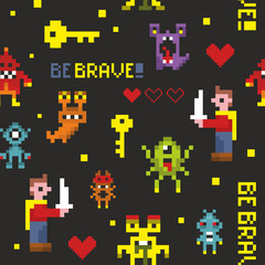 Obraz na płótnie Canvas Creative seamless pattern with pixel monsters and brave knights.