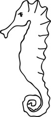 Hand Drawn Doodle Sketch Line Art Vector Illustration of Adorable Sea Horse. Emblem Poster Banner Black Outline Design Element Template