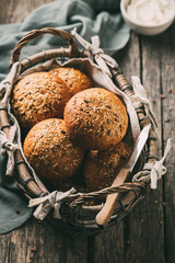 Buns for sandwiches on a rustic wooden background