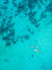 Family snorkeling over coral reef with clear blue ocean water, top view. Beautiful sea view, shot by drones. People swim in the transparent sea between coral reefs. Aerial view of tourists swimming. - obrazy, fototapety, plakaty