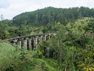 Fototapeta na wymiar Old railway in the jungle. Aerial View. Nine Arches Bridge is located in Demodara, Ella city, Sri Lanka.