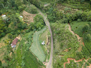 Old railway in the jungle. Aerial View. Nine Arches Bridge is located in Demodara, Ella city, Sri Lanka.