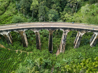 Old railway in the jungle. Aerial View. Nine Arches Bridge is located in Demodara, Ella city, Sri Lanka.