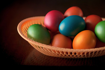 Fototapeta na wymiar Painted multi-colored paint Easter eggs with a basket