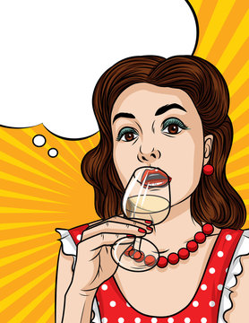 Vector retro illustration pop art comic style of a pretty woman in red dress drinking an alcohol